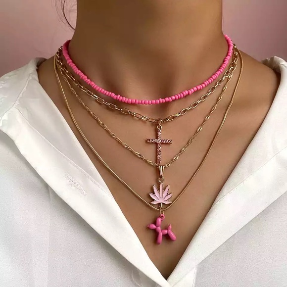 Zara PINK 420 bead+Cross 4-layer Multilayer Beaded Choker Poodle Balloon Dog - Picture 3 of 16